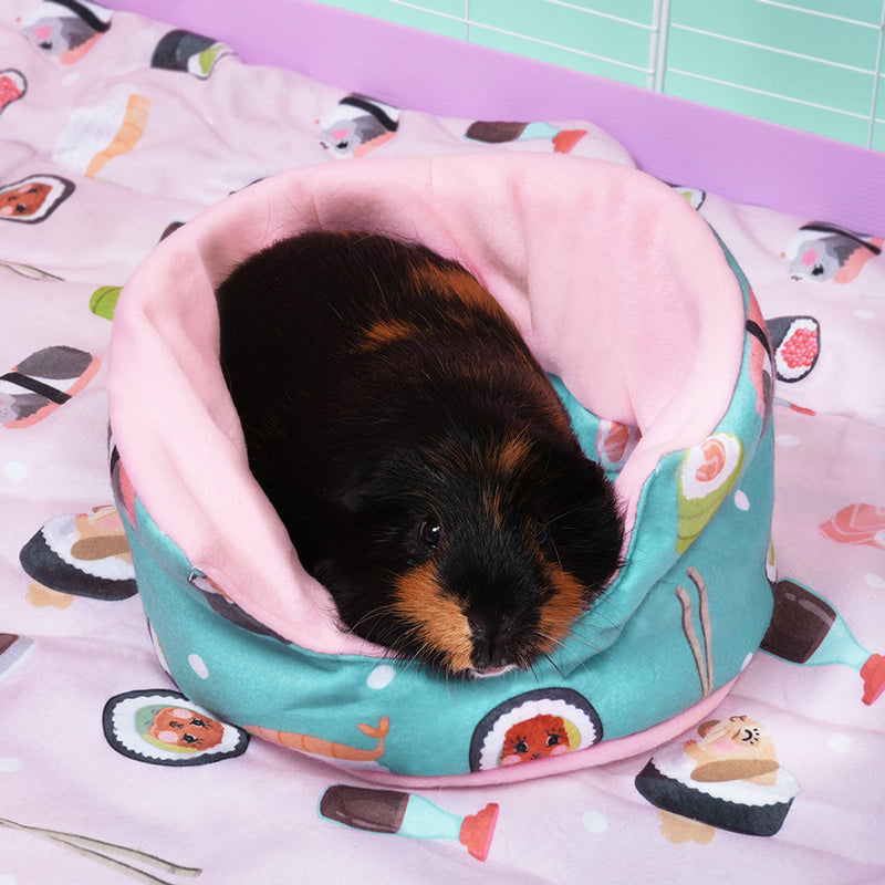 Black and brown guinea pig in Kavee limited edition sushi design cuddle cup on sushi deisgn fleece liner in white cage