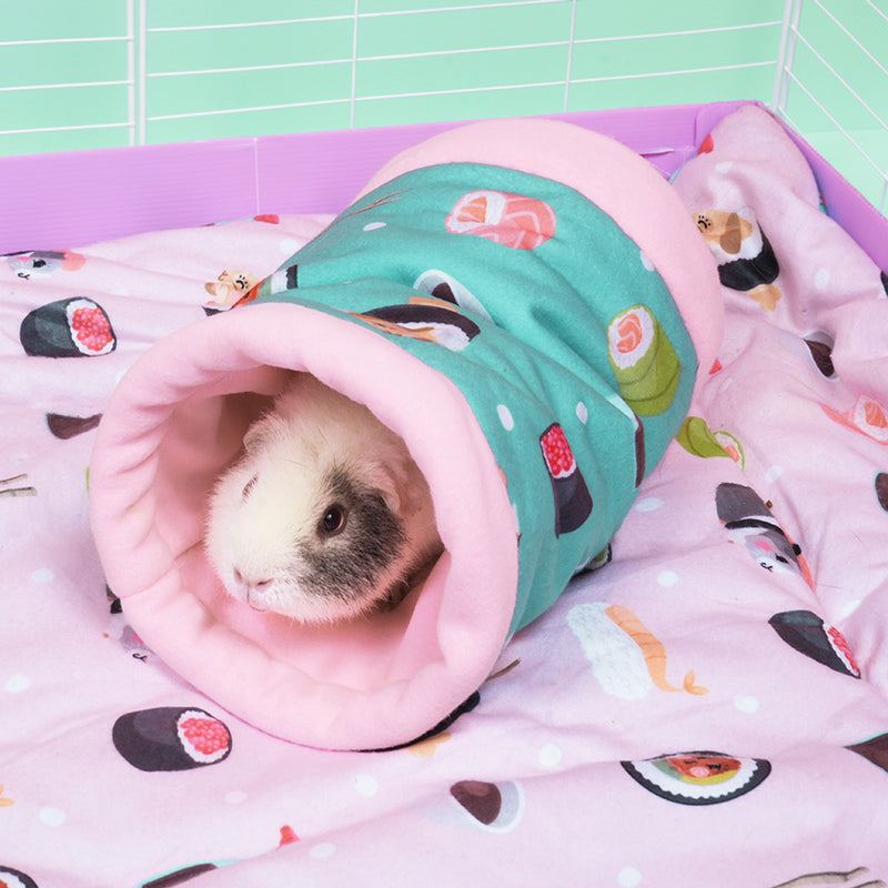 Kavee limited edition sushi design fleece tunnel in white cage with white and grey guinea pig on sushi liner