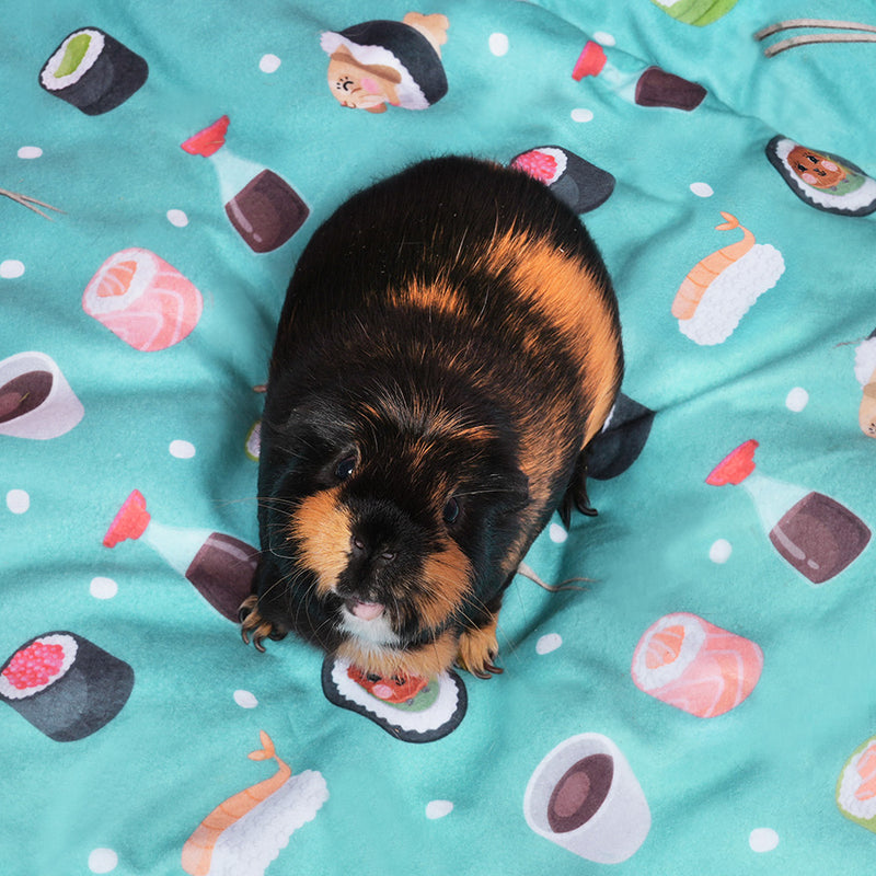 Black and brown guineap pig on Kavee Sushi design fleece liner