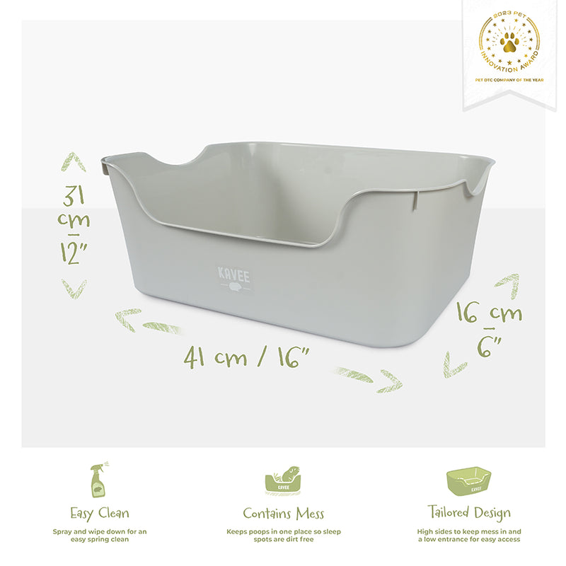 Kavee grey litter tray on grey background showing product features and dimensions