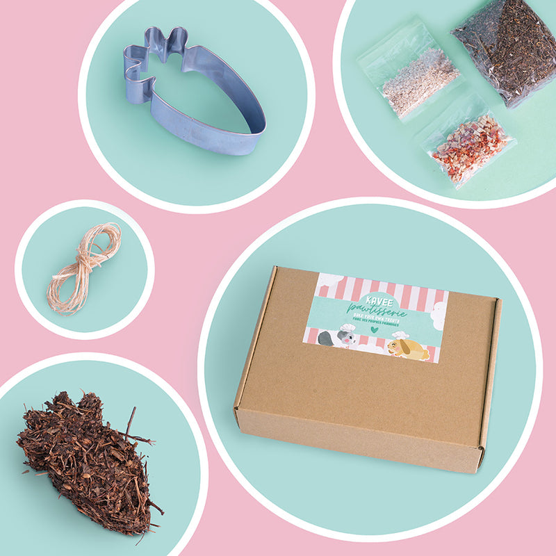 Multiple images of Bake your own treats by Kavee on pink background with each item circled in blue