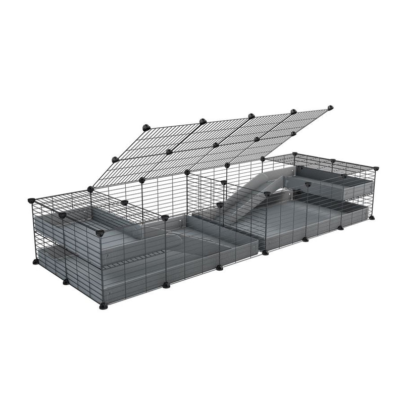 A 6x2 C&C cage with lid divider loft ramp for guinea pig fighting or quarantine with grey coroplast from brand kavee