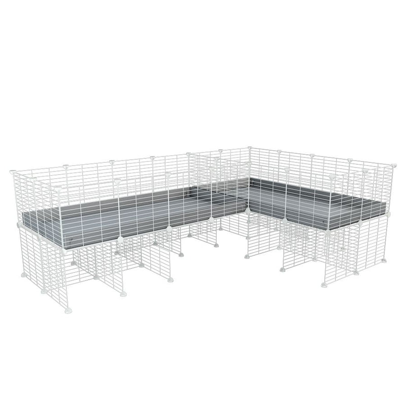 A 8x2 L-shape white C&C cage with divider and stand for guinea pig fighting or quarantine with grey coroplast from brand kavee