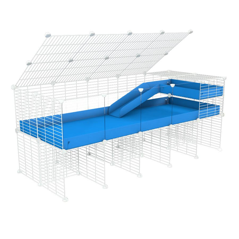 A 2x5 C and C guinea pig cage with clear transparent plexiglass acrylic panels  with stand loft ramp lid small size meshing safe white C and C grids blue correx sold in UK