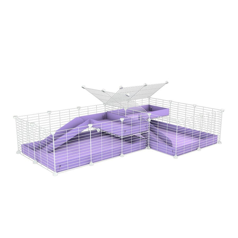 A 6x2 L-shape white C&C cage with divider and loft ramp for guinea pig fighting or quarantine with lilac coroplast from brand kavee