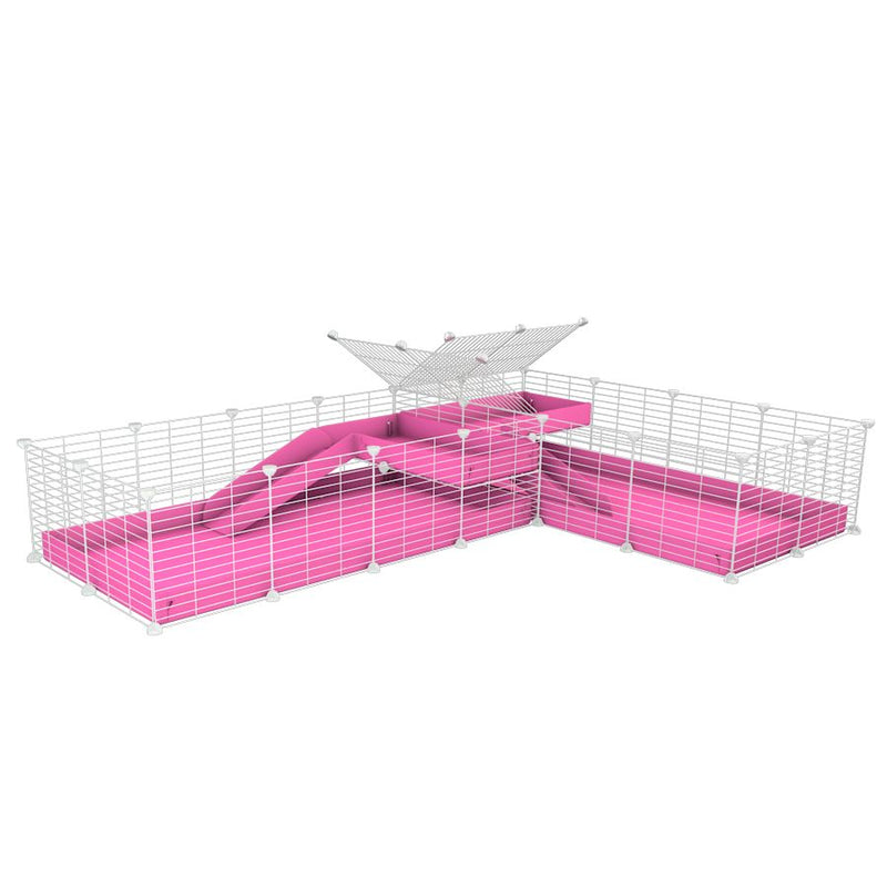 A 8x2 L-shape white grids C&C cage with divider and loft ramp for guinea pig fighting or quarantine with pink coroplast from brand kavee