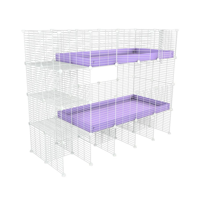 A two tier white 4x2 c&c cage with stand and side storage for guinea pigs with two levels purple lilac correx baby safe grids by brand kavee in the uk