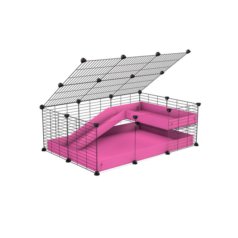 a 2x3 C and C guinea pig cage with clear transparent plexiglass acrylic panels  with loft ramp lid small hole size grids pink coroplast kavee
