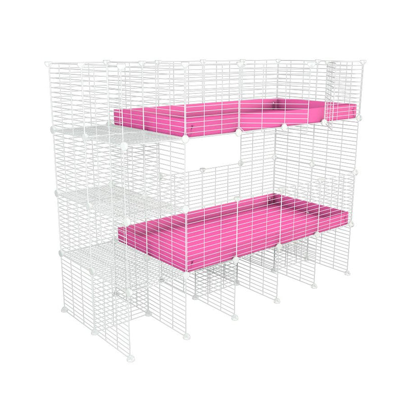 A stacked white 4x2 c&c cage for 2 pairs of guinea pigs with stand and side storage for guinea pigs with two levels pink correx baby safe grids by brand kavee in the uk