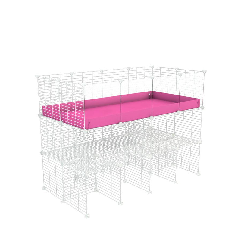 A 4x2 kavee C&C guinea pig cage with clear transparent plexiglass acrylic panels  with double stand pink coroplast made of baby bars safe white C and C grids