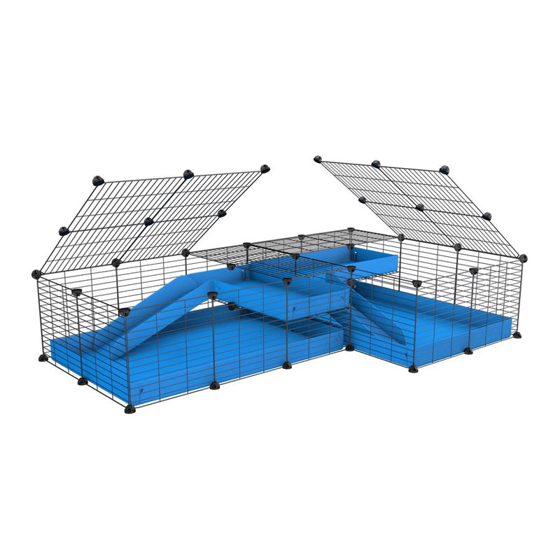 A 6x2 L-shape C&C cage with lid divider loft ramp for guinea pig fighting or quarantine with blue coroplast from brand kavee