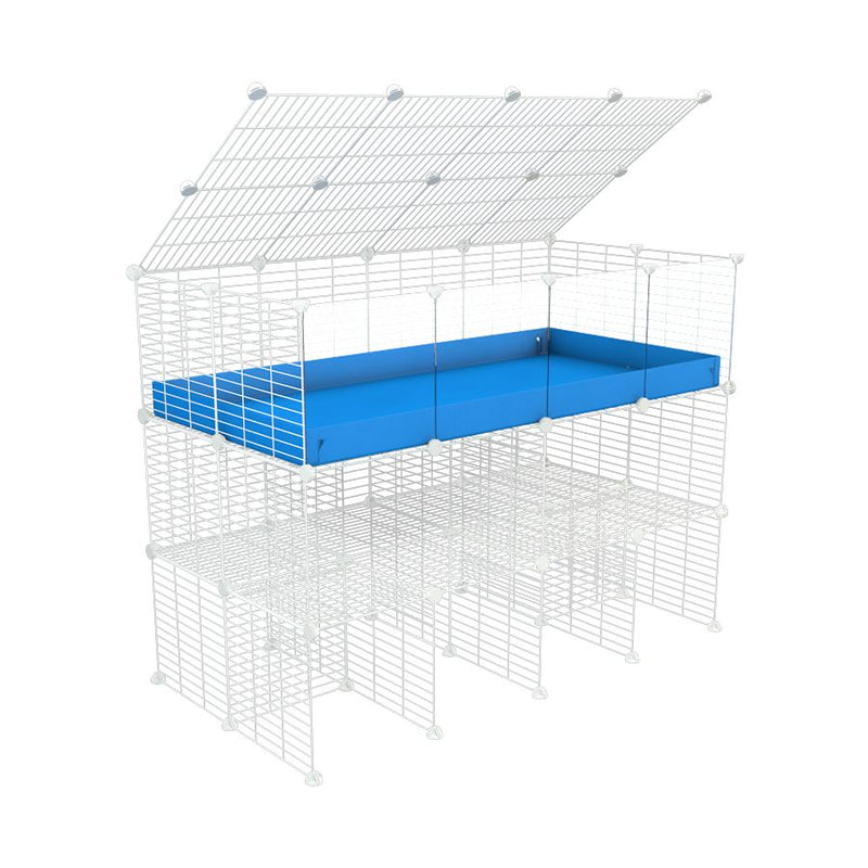 a tall 4x2 C&C guinea pigs cage with clear transparent plexiglass acrylic panels  with a double stand blue coroplast a lid and safe small hole white CC grids sold in UK by kavee