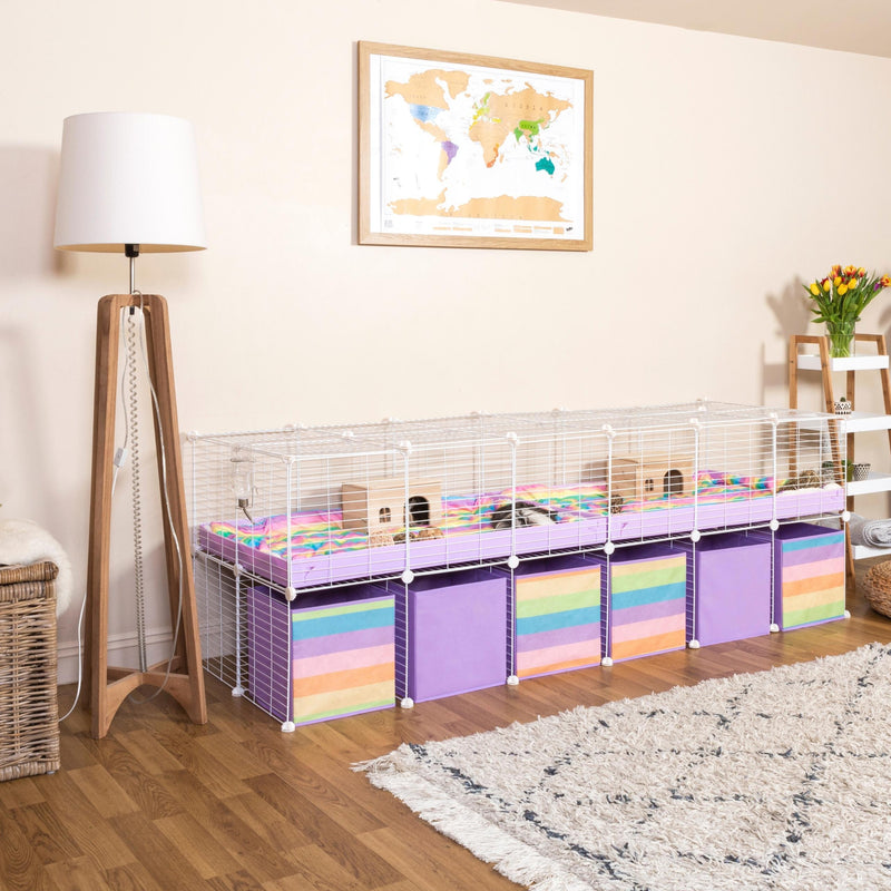 white 6x2 C&C cage for guinea pigs with stand and rainbow boxes lilac coroplast from kavee