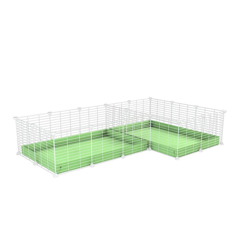 A 6x2 L-shape white C&C cage with divider for guinea pig fighting or quarantine with green coroplast from brand kavee