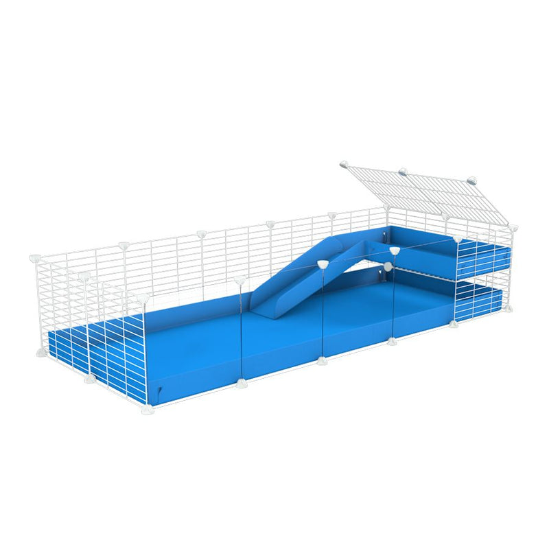 a 5x2 C&C guinea pig cage with clear transparent plexiglass acrylic panels  with a loft and a ramp blue coroplast sheet and baby bars white C and C grids by kavee