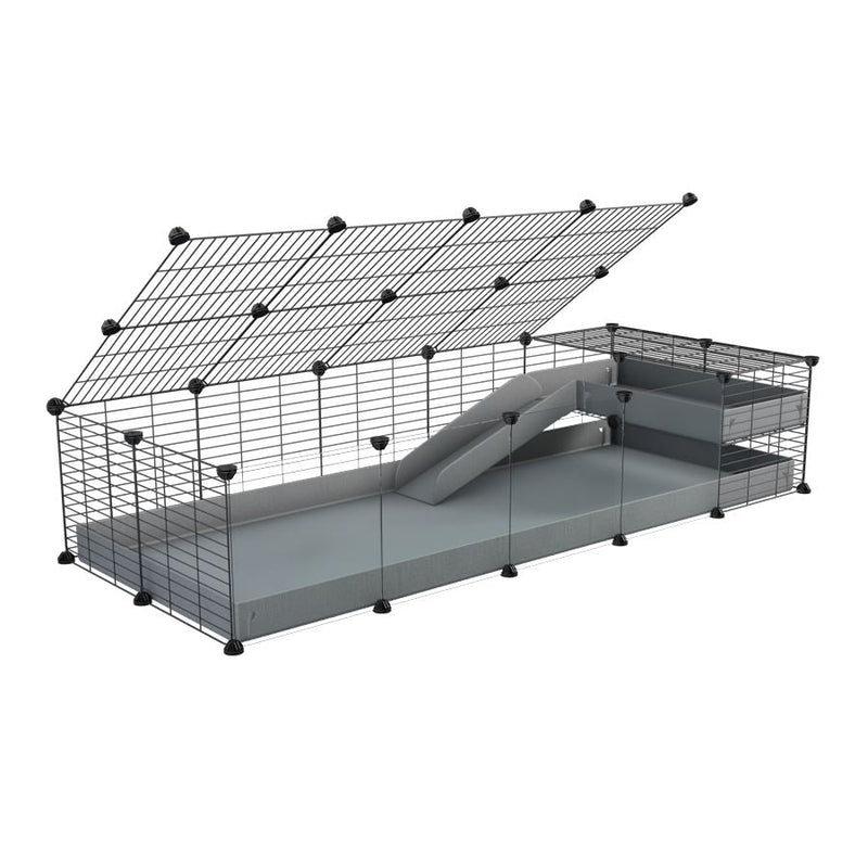 a 2x5 C and C guinea pig cage with clear transparent plexiglass acrylic panels  with loft ramp lid small hole size grids grey coroplast kavee