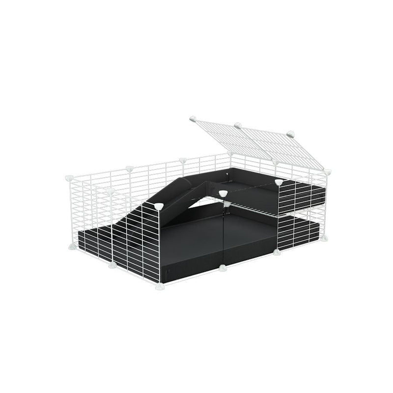a 3x2 C&C guinea pig cage with clear transparent plexiglass acrylic panels  with a loft and a ramp black coroplast sheet and baby bars by kavee