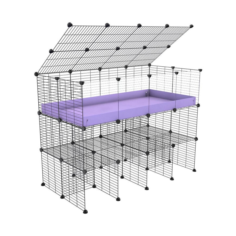 A 2x4 kavee C&C guinea pig cage with clear transparent plexiglass acrylic panels  with double stand a top purple pastel coroplast made of baby bars safe grids
