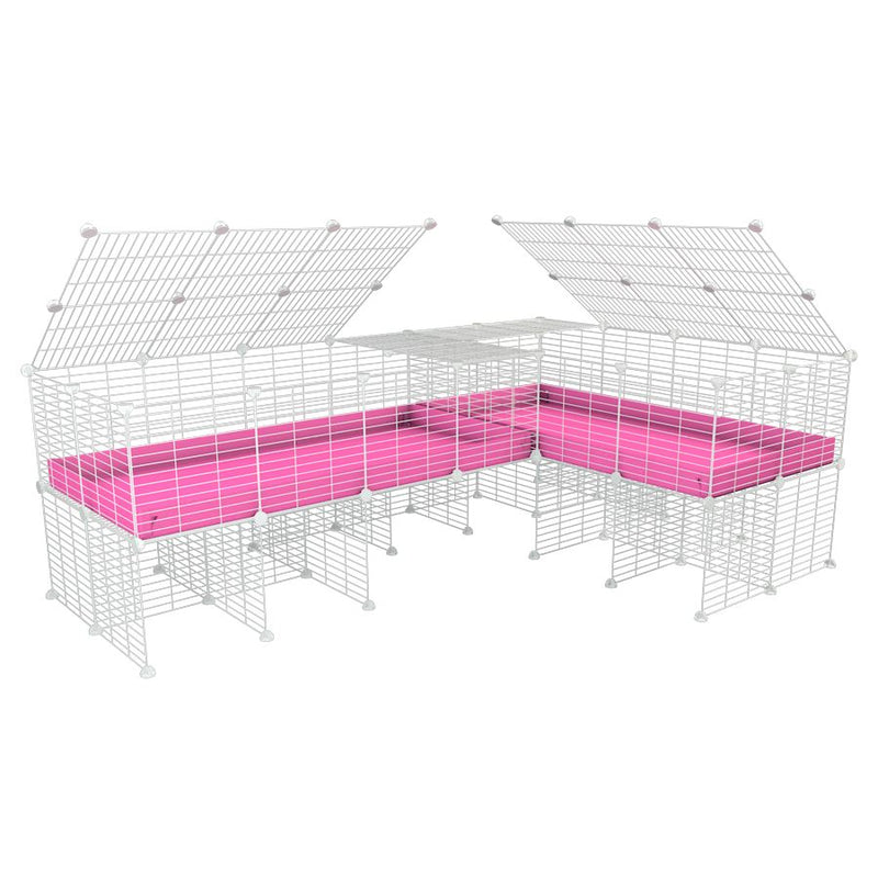 A 8x2 L-shape white C&C cage with lid divider stand for guinea pig fighting or quarantine with pink coroplast from brand kavee