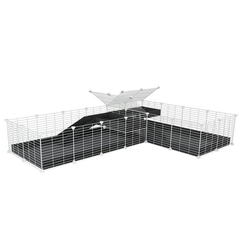 A 8x2 L-shape white C&C cage with divider and loft ramp for guinea pig fighting or quarantine with black coroplast from brand kavee