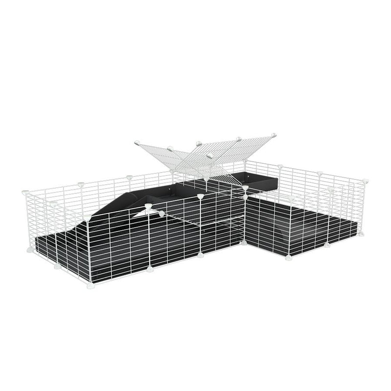 A 6x2 L-shape white C&C cage with divider and loft ramp for guinea pig fighting or quarantine with black coroplast from brand kavee