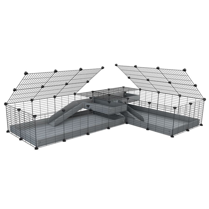 A 8x2 L-shape C&C cage with lid divider loft ramp for guinea pig fighting or quarantine with grey coroplast from brand kavee