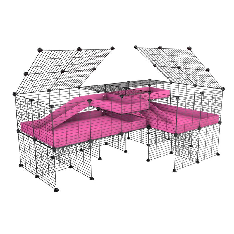 A 6x2 L-shape C&C cage with lid divider stand loft ramp for guinea pig fighting or quarantine with pink coroplast from brand kavee