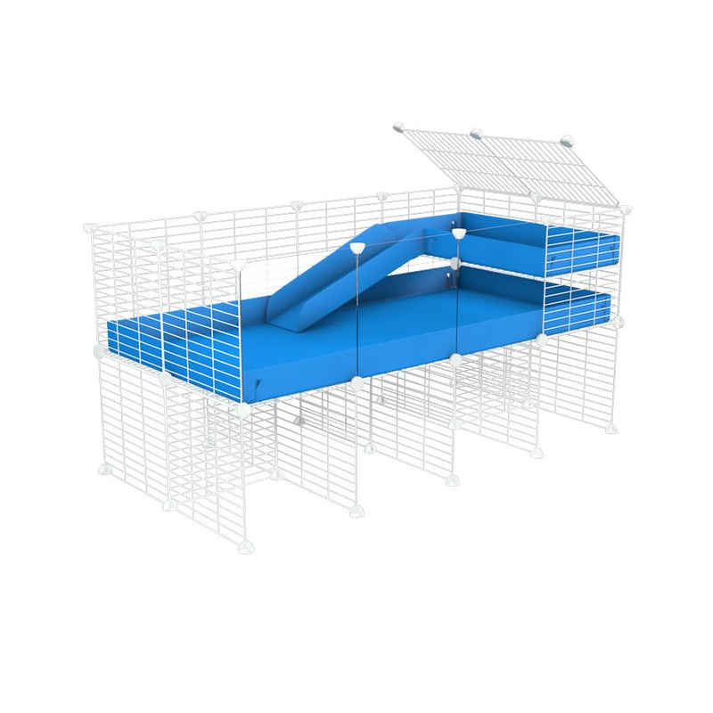 a 4x2 CC guinea pig cage with clear transparent plexiglass acrylic panels  with stand loft ramp small mesh white CC grids blue corroplast by brand kavee