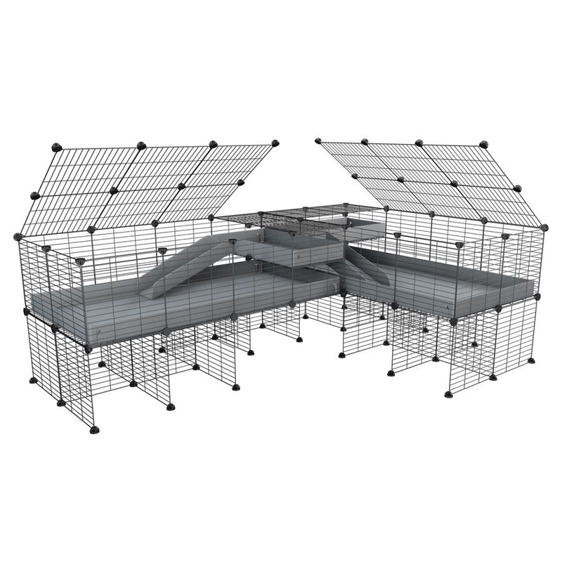 A 8x2 L-shape C&C cage with lid divider stand loft ramp for guinea pig fighting or quarantine with grey coroplast from brand kavee
