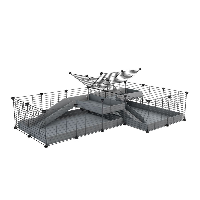 A 6x2 L-shape C&C cage with divider and loft ramp for guinea pig fighting or quarantine with grey coroplast from brand kavee