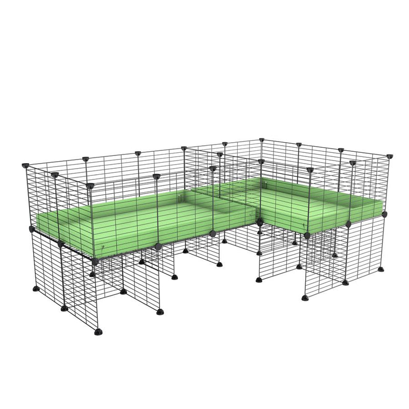 A 6x2 L-shape C&C cage with divider and stand for guinea pig fighting or quarantine with green coroplast from brand kavee