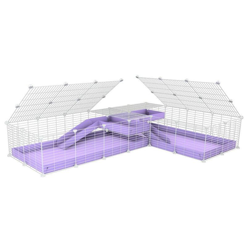 A 8x2 L-shape white C&C cage with lid divider loft ramp for guinea pig fighting or quarantine with lilac coroplast from brand kavee