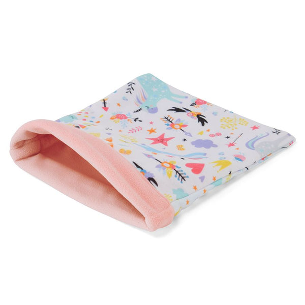 a guinea pig accessory hideout sleep sack bed in pink unicorn fleece by kavee 
