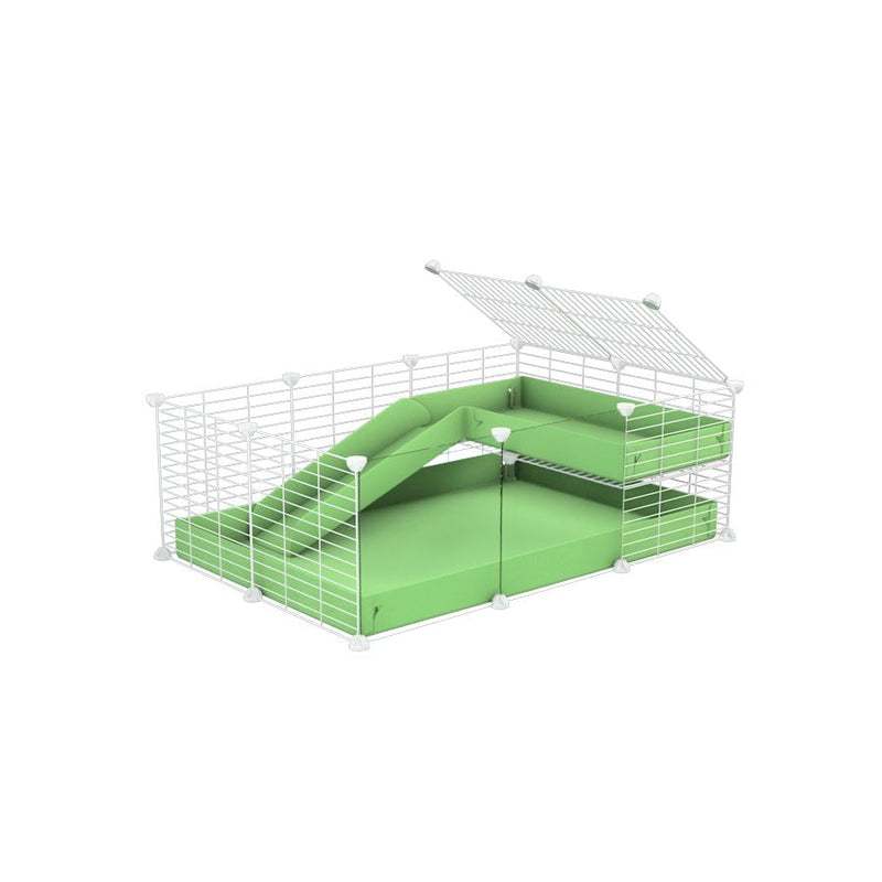 a 3x2 C&C guinea pig cage with clear transparent plexiglass acrylic panels  with a loft and a ramp green pastel pistachio coroplast sheet and baby bars by kavee