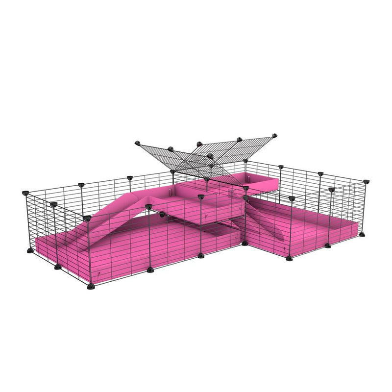 A 6x2 L-shape C&C cage with divider and loft ramp for guinea pig fighting or quarantine with pink coroplast from brand kavee