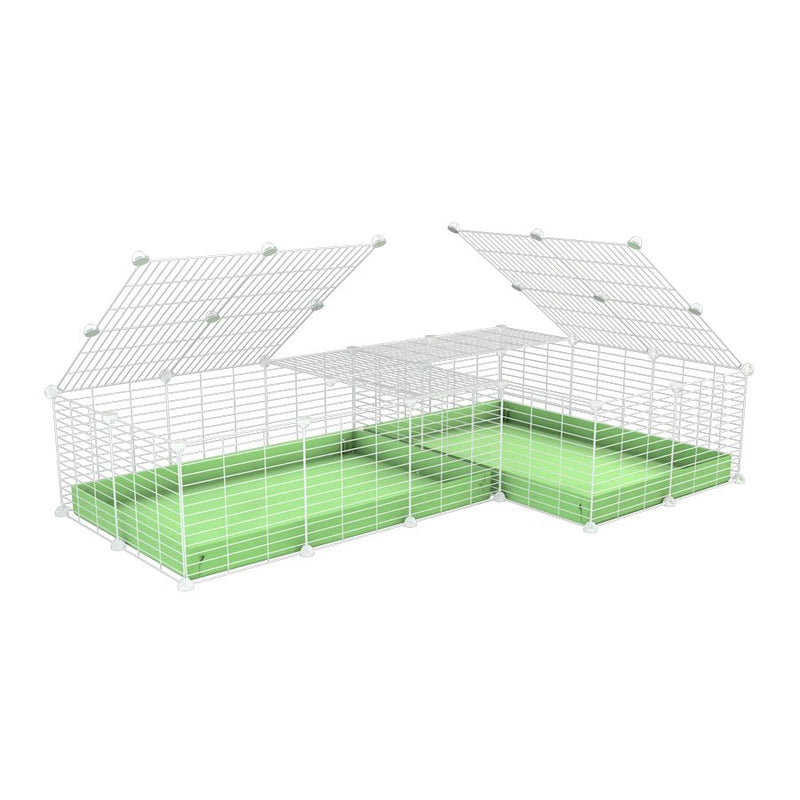A 6x2 L-shape white C&C cage with lid divider for guinea pig fighting or quarantine with green coroplast from brand kavee