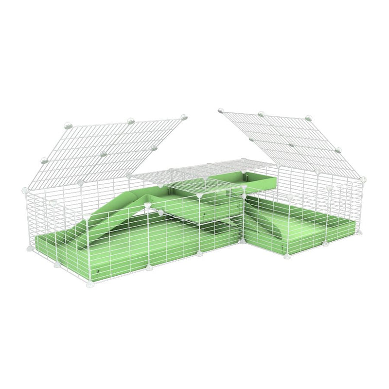 A 6x2 L-shape white C&C cage with lid divider loft ramp for guinea pig fighting or quarantine with green coroplast from brand kavee