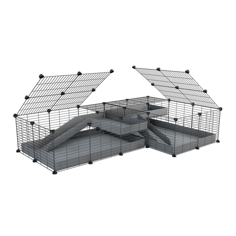 A 6x2 L-shape C&C cage with lid divider loft ramp for guinea pig fighting or quarantine with grey coroplast from brand kavee