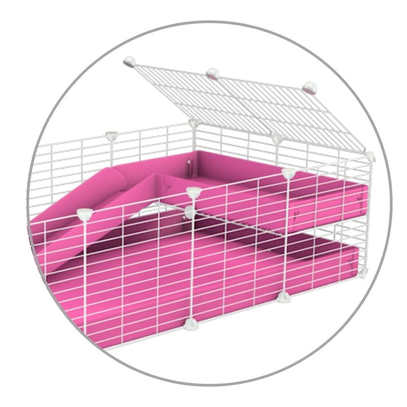 A kit to add a ramp to a C&C cage with a pink coroplast ramp and 2x1 loft and small hole size safe CC white grids