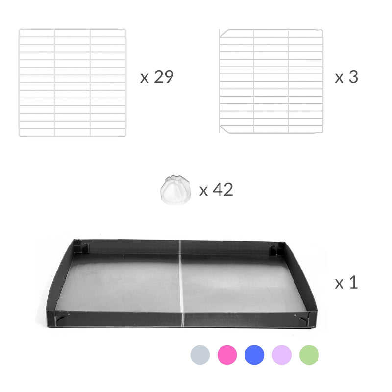 Components of a 3x2 C&C cage for guinea pigs with a stand and a top grey plastic safe white CC grids by kavee