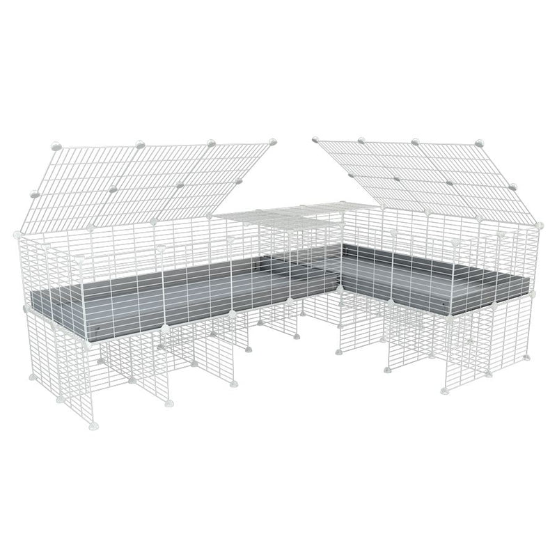 A 8x2 L-shape white C&C cage with lid divider stand for guinea pig fighting or quarantine with grey coroplast from brand kavee