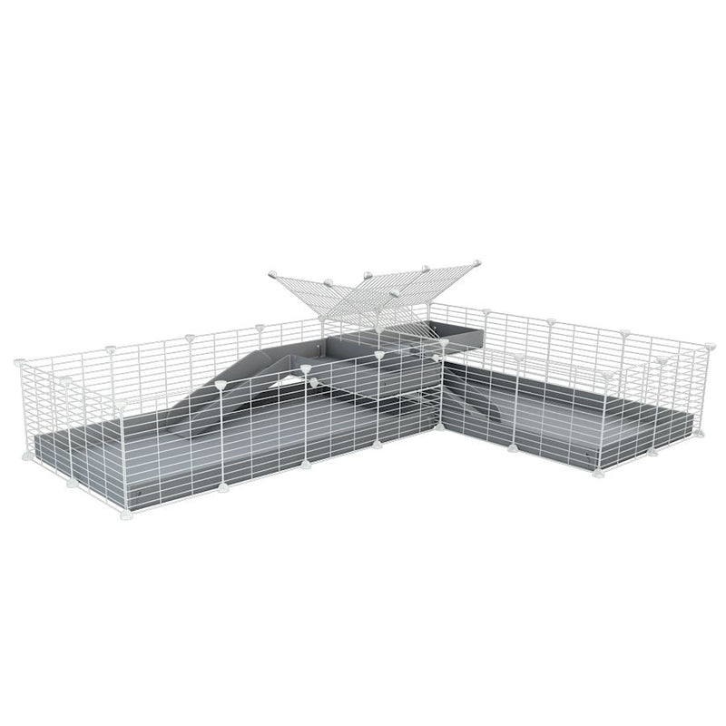 A 8x2 L-shape white C&C cage with divider and loft ramp for guinea pig fighting or quarantine with grey coroplast from brand kavee