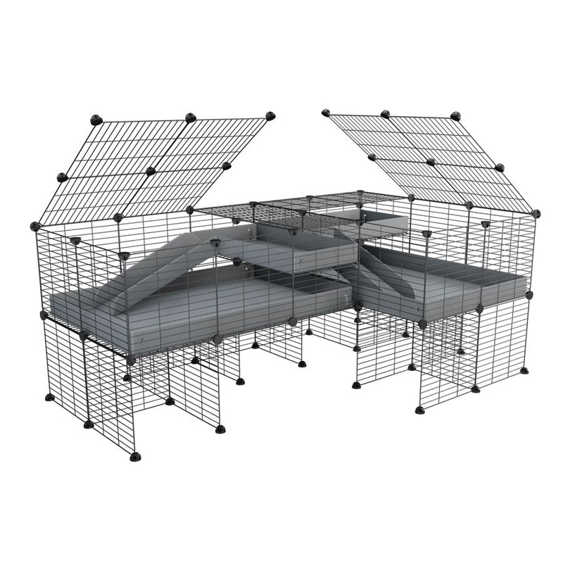 A 6x2 L-shape C&C cage with lid divider stand loft ramp for guinea pig fighting or quarantine with grey coroplast from brand kavee