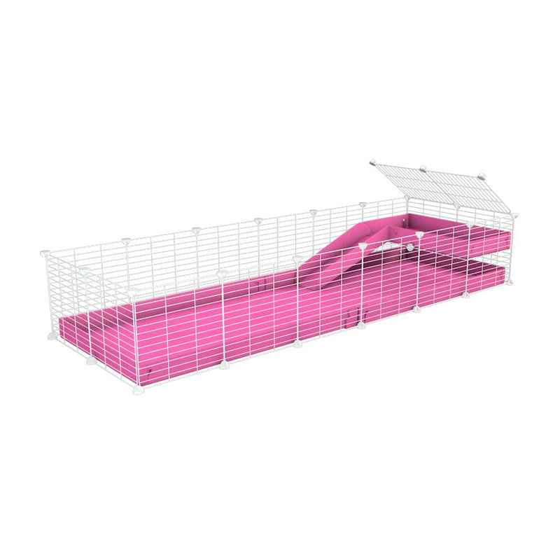 a 6x2 C&C guinea pig cage with a loft and a ramp pink coroplast sheet and baby bars white grids by kavee