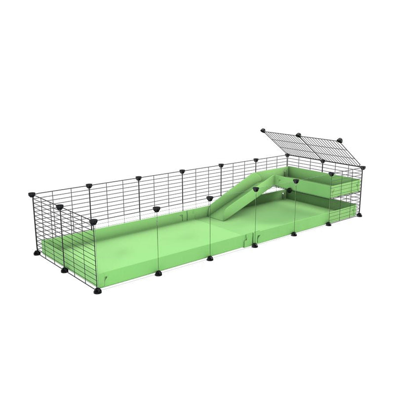 a 6x2 C&C guinea pig cage with clear transparent plexiglass acrylic panels  with a loft and a ramp green pastel pistachio coroplast sheet and baby bars by kavee