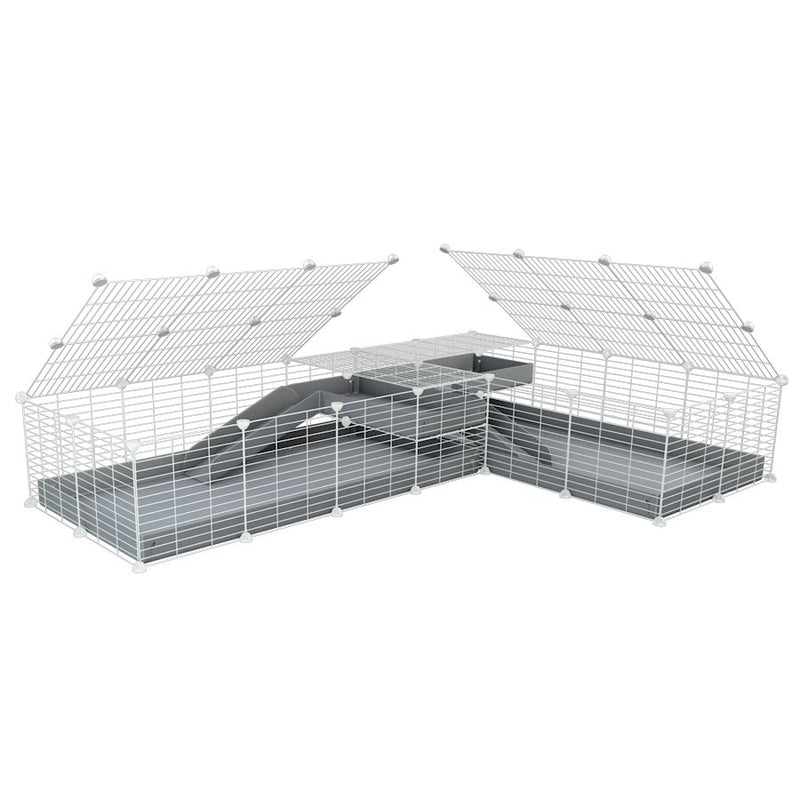A 8x2 L-shape white C&C cage with lid divider loft ramp for guinea pig fighting or quarantine with grey coroplast from brand kavee