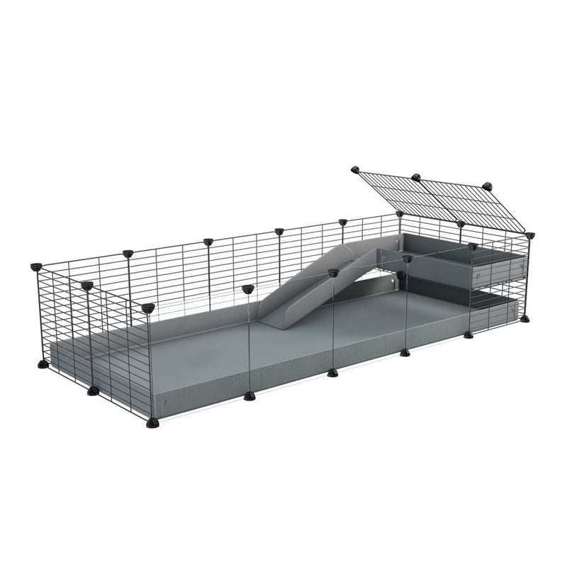 a 5x2 C&C guinea pig cage with clear transparent plexiglass acrylic panels  with a loft and a ramp grey coroplast sheet and baby bars by kavee