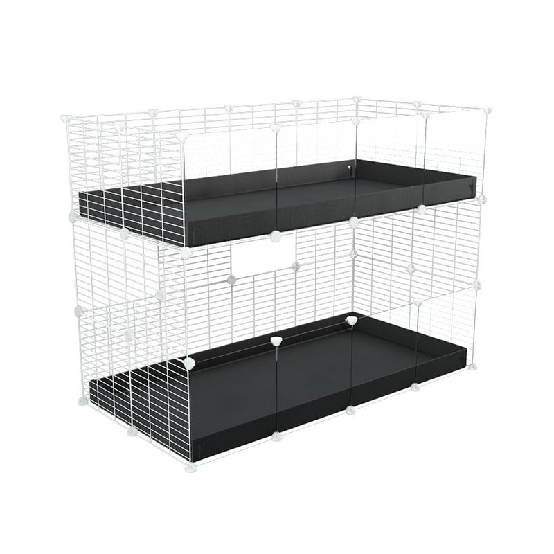 A 4x2 double stacked c and c guinea pig cage with clear transparent plexiglass acrylic panels  with two stories black coroplast safe size white grids by brand kavee