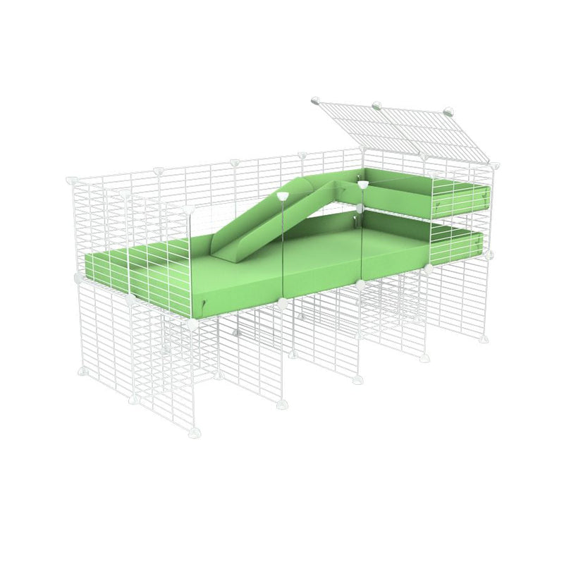 a 4x2 CC guinea pig cage with clear transparent plexiglass acrylic panels  with stand loft ramp small mesh white grids green pastel pistachio corroplast by brand kavee