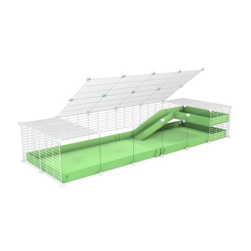 a 2x6 C and C guinea pig cage with clear transparent plexiglass acrylic panels  with loft ramp lid small hole size white grids green pastel pistachio coroplast kavee
